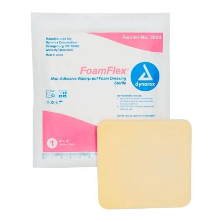 Dynarex Dynarex FoamFlex Non Adhesive Waterproof Foam Dressing, 4inL x 4inW, 120 Pcs 3024